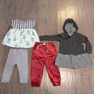 Tea Collection Bundle: Hooded dress, velour red pants & capri pants + top | 3T